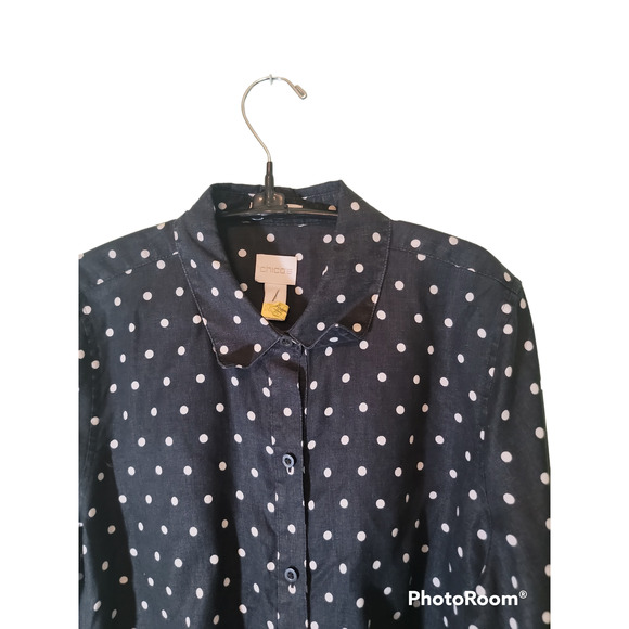 Chicos Top Womens Sz 8 Linen Blue White Dots Button Down Front Ties 3/4 Sleeve - Picture 2 of 6